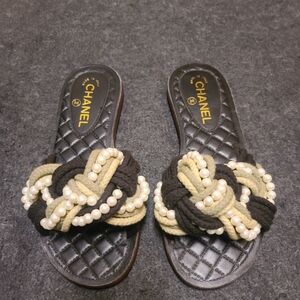 Authentic CHANEL Sandals Size 38C Black Leather Quilted Beaded